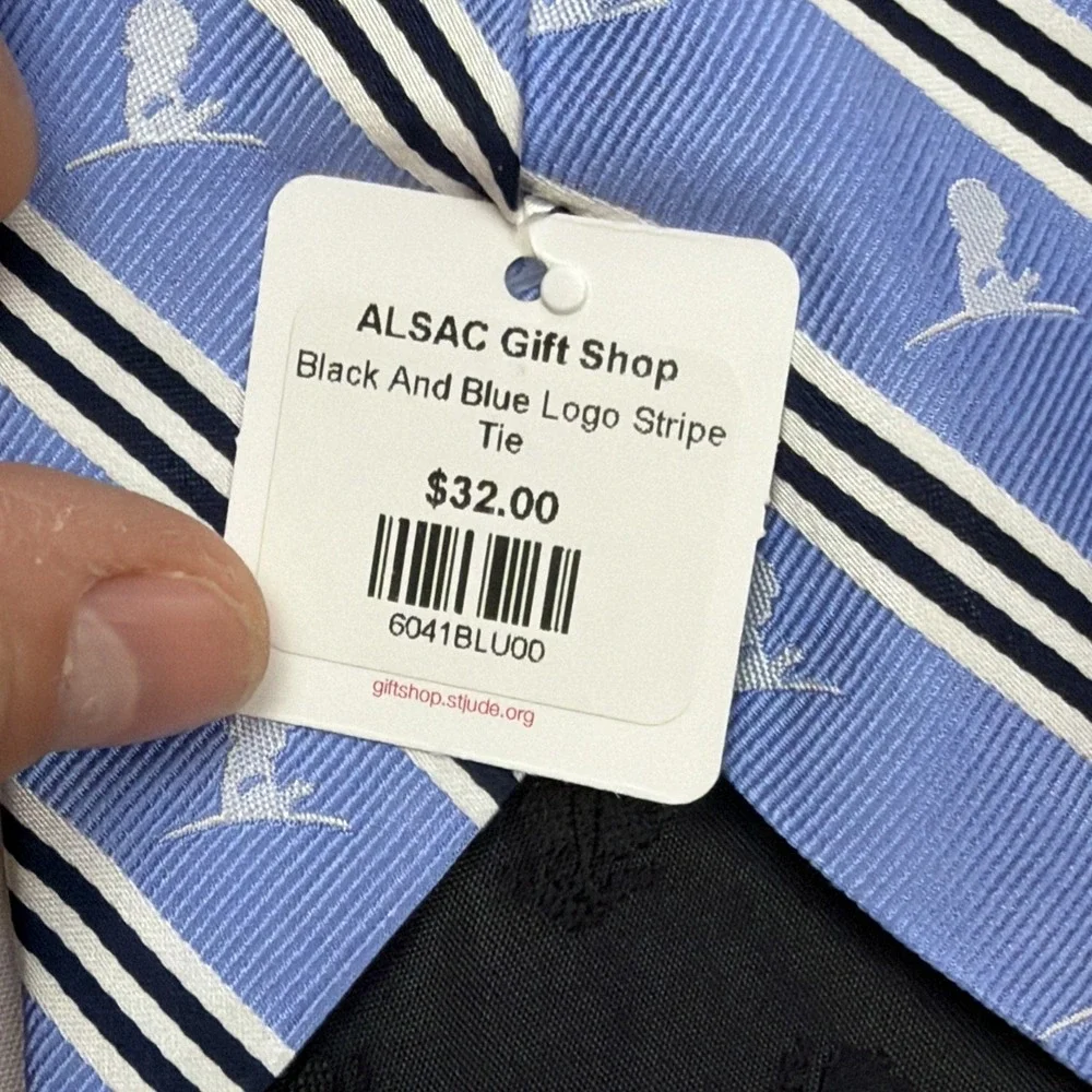 Brooks Brothers‎ Tie St. Jude Logo All Over Print with Stripes Blue 58x3.5